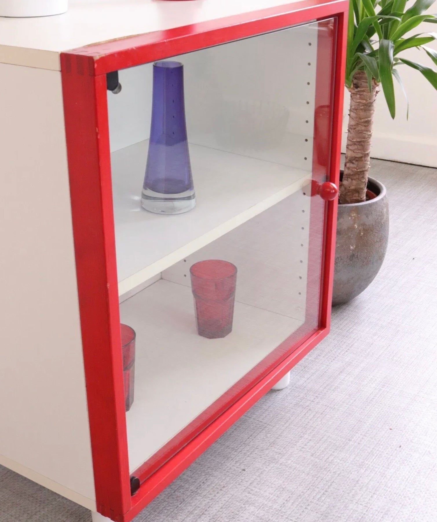 Vintage IKEA Glass & Wood Display Cabinets - White And Red Retro Style - teakyfinders