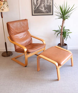 IKEA Poang Tan Leather Cantilever Armchair and Footstool - teakyfinders