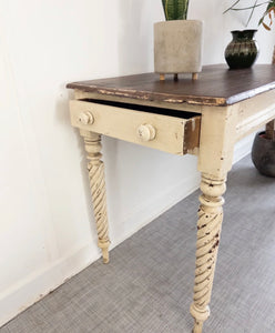 Antique Rustic French Console Table, Prep Table With Drawer Original Painted - teakyfinders