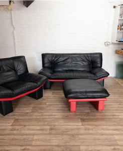 Retro Postmodern Nicoletti Salotti Italian Black  Red  Leather Three Piece Suite plus Footstool - teakyfinders
