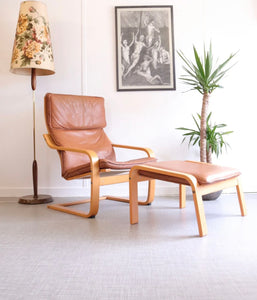 IKEA Poang Tan Leather Cantilever Armchair and Footstool - teakyfinders