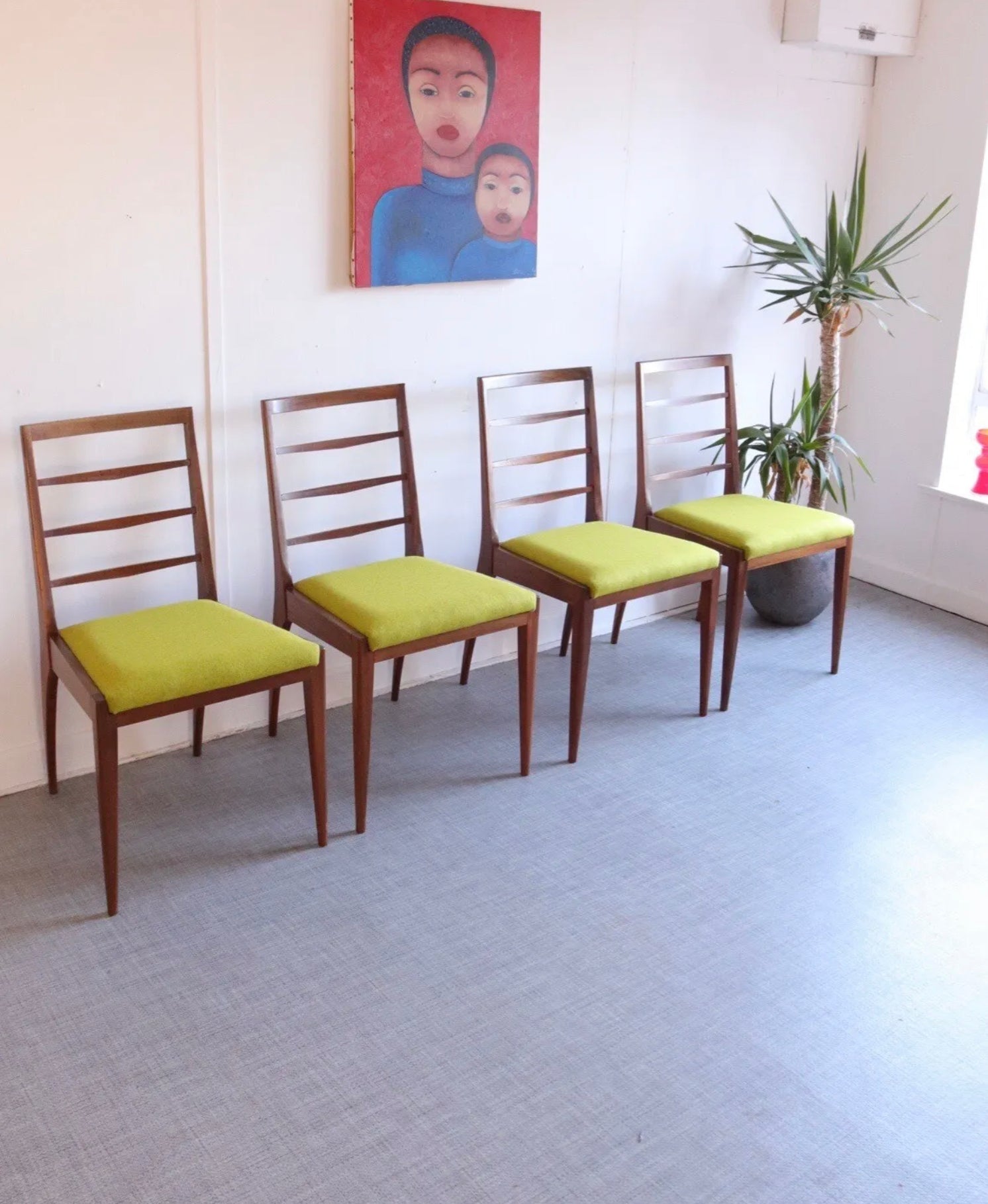 Set Of 4 McIntosh Mid Century Teak Dining Chairs Lime Wool Upholstery Retro - teakyfinders