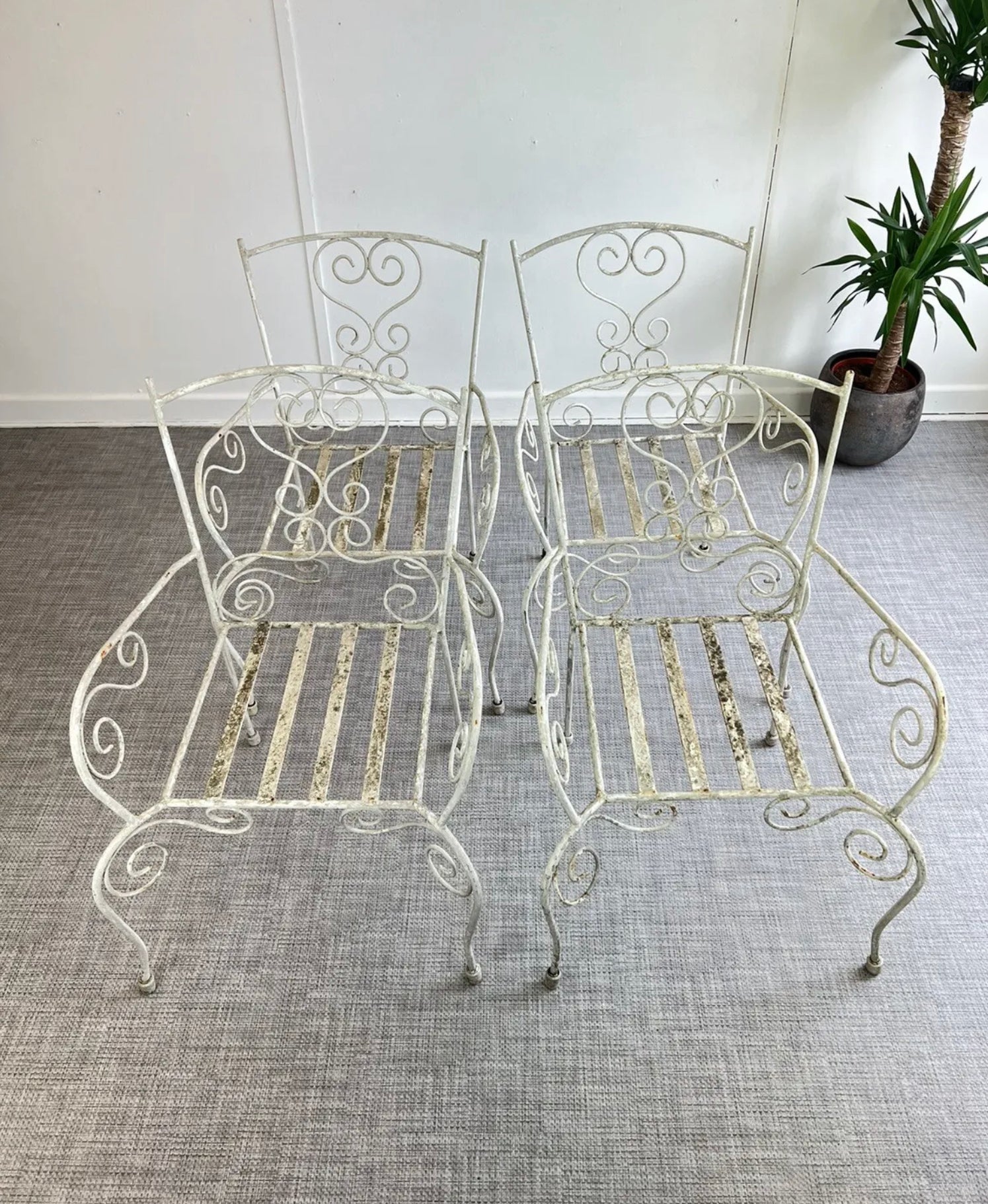 4 x French White Cast Metal Vintage Garden Chairs Stackable - teakyfinders