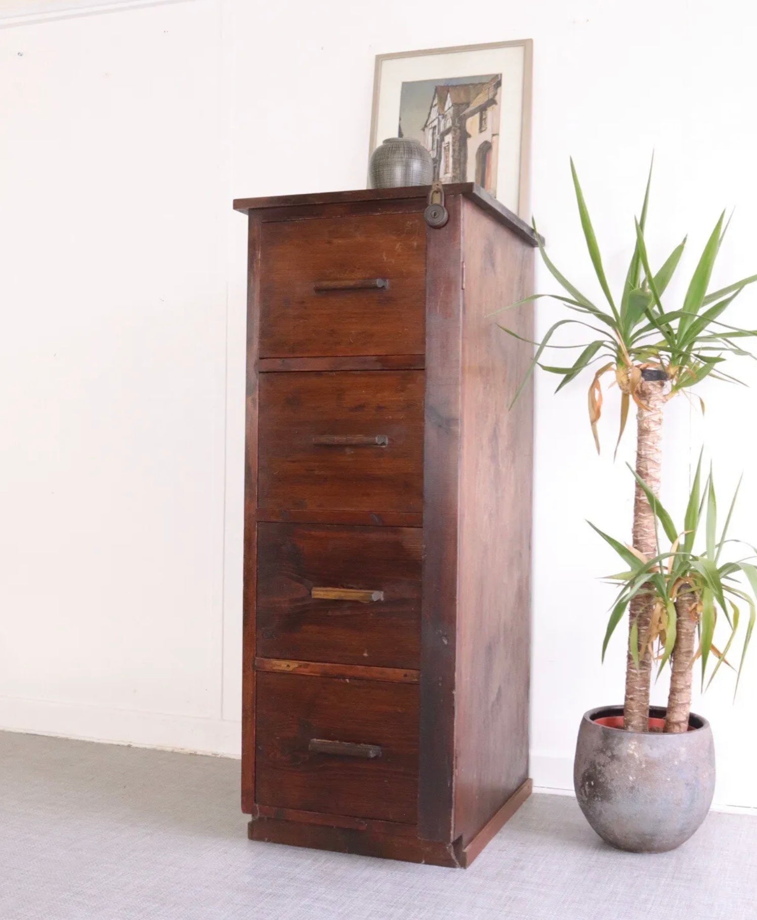 Vintage Wooden filing cabinet - 1950s Retro Home Office Storage Art Deco - teakyfinders