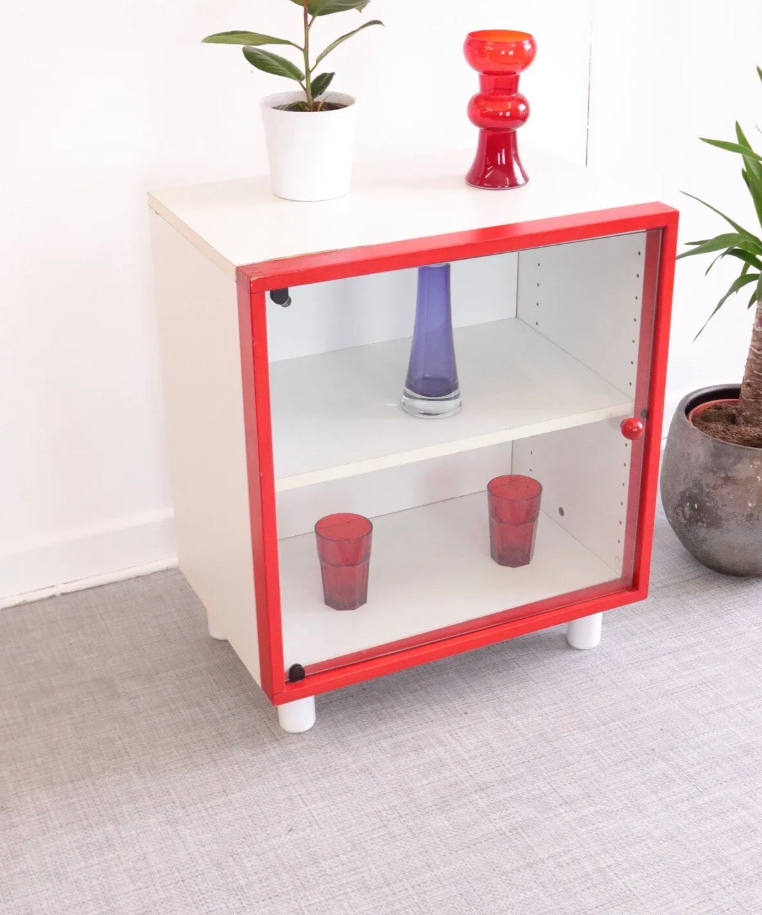 Vintage IKEA Glass & Wood Display Cabinets - White And Red Retro Style - teakyfinders