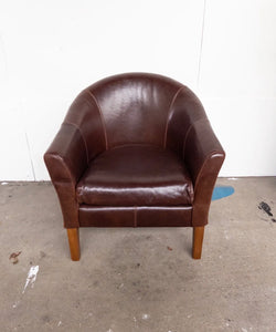 Genuine Real Leather Brown Tub Chair On Wooden Legs. Good condition - teakyfinders
