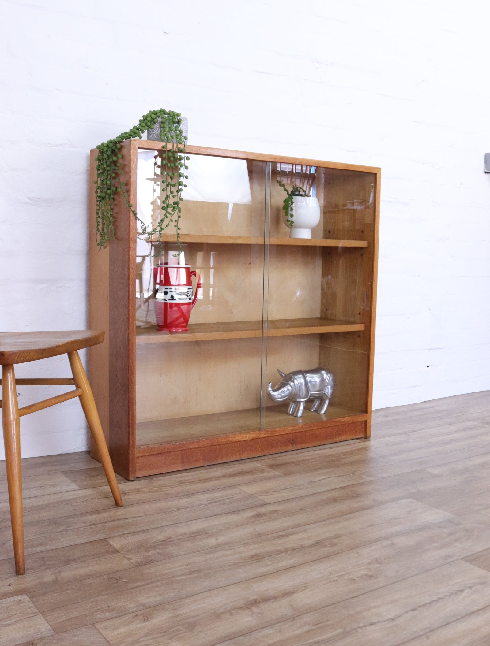 Light Oak Vintage Book Display Cabinet - teakyfinders