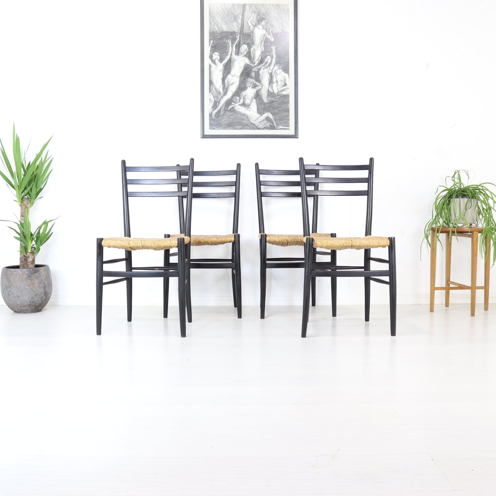 Italian Ebonised Beech and Rush Dining Chairs - teakyfinders