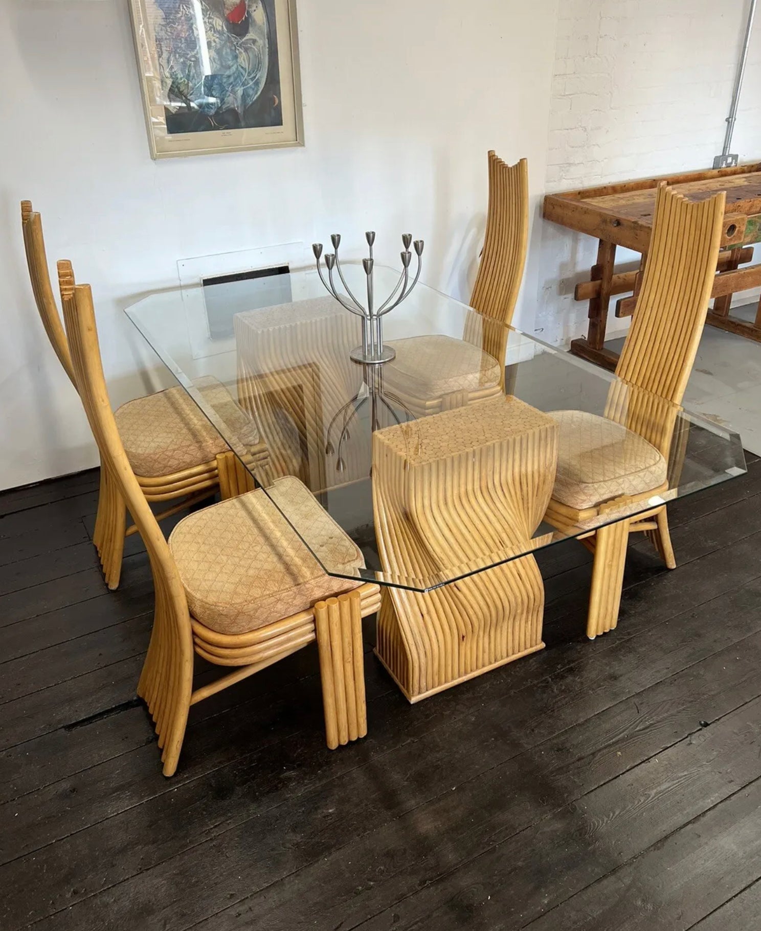 Vintage McGuire Bamboo & Glass Dining Table & Four Chairs - teakyfinders