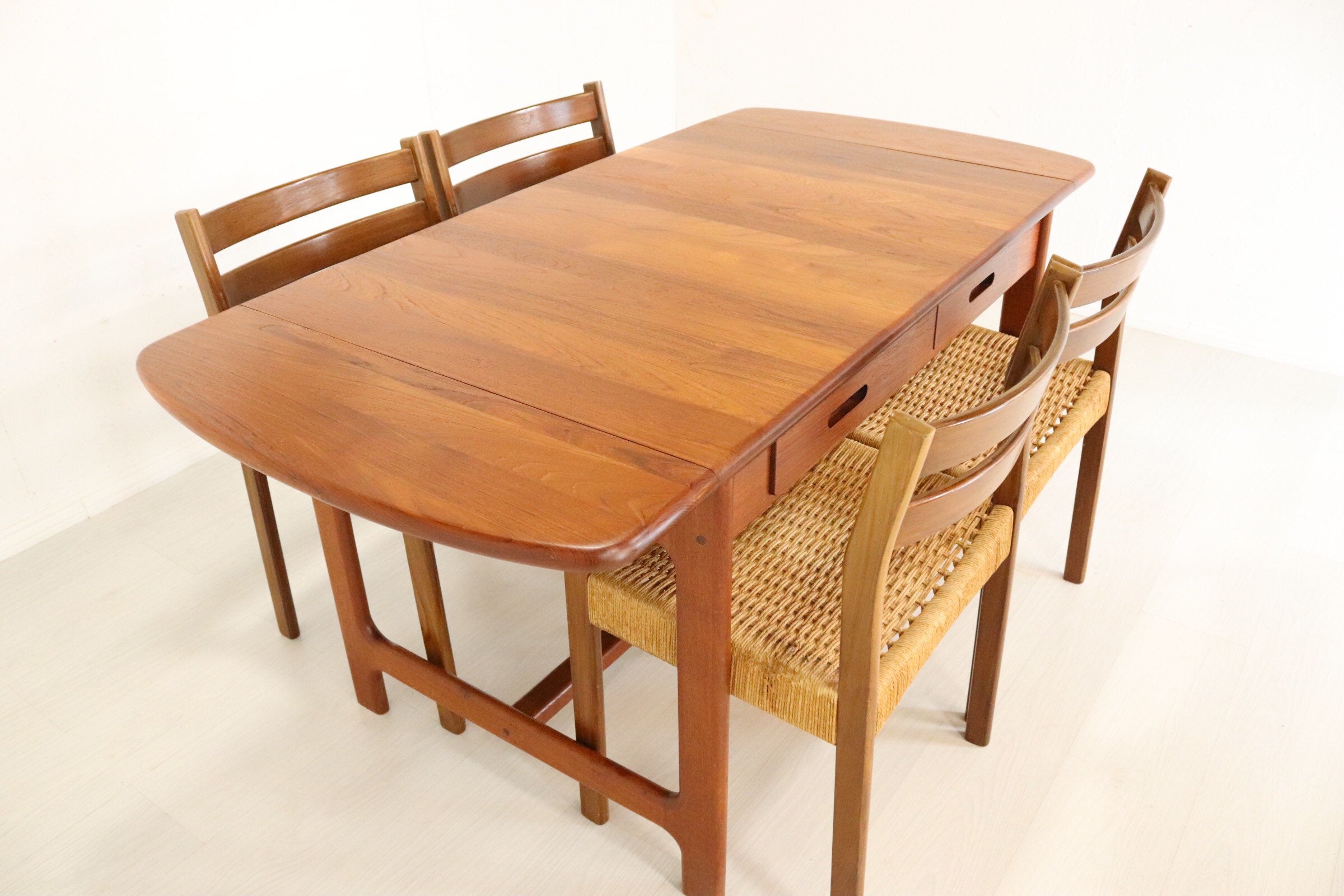 Mid Century Solid Teak Wood Dining Table Drop Leaf , Danish Style - teakyfinders