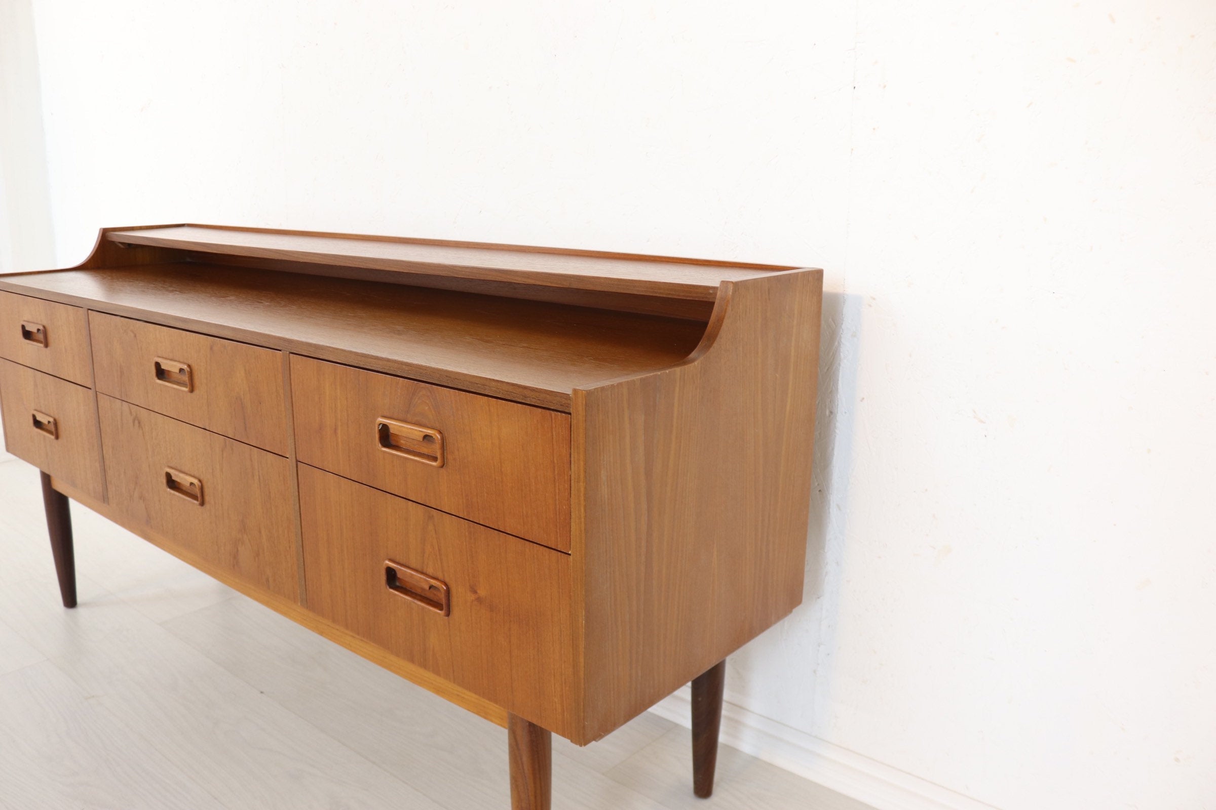 Retro Mid Century Sideboard Compact Danish Style Teak Six Drawers Vintage Refinished Condition- Albro Furniture - teakyfinders