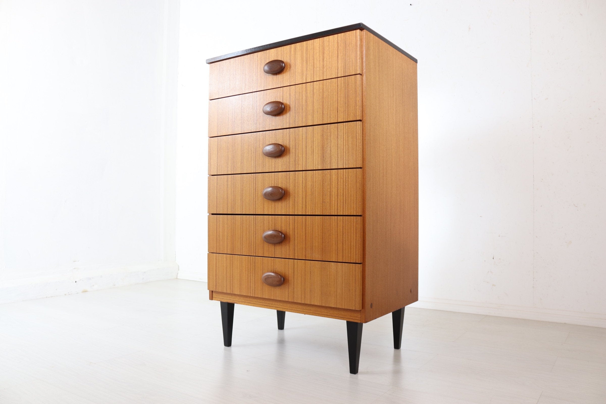 Retro Mid Century Tall Boy Danish Style Teak Chest of Six Drawers Vintage Refinished bedroom Furniture - teakyfinders