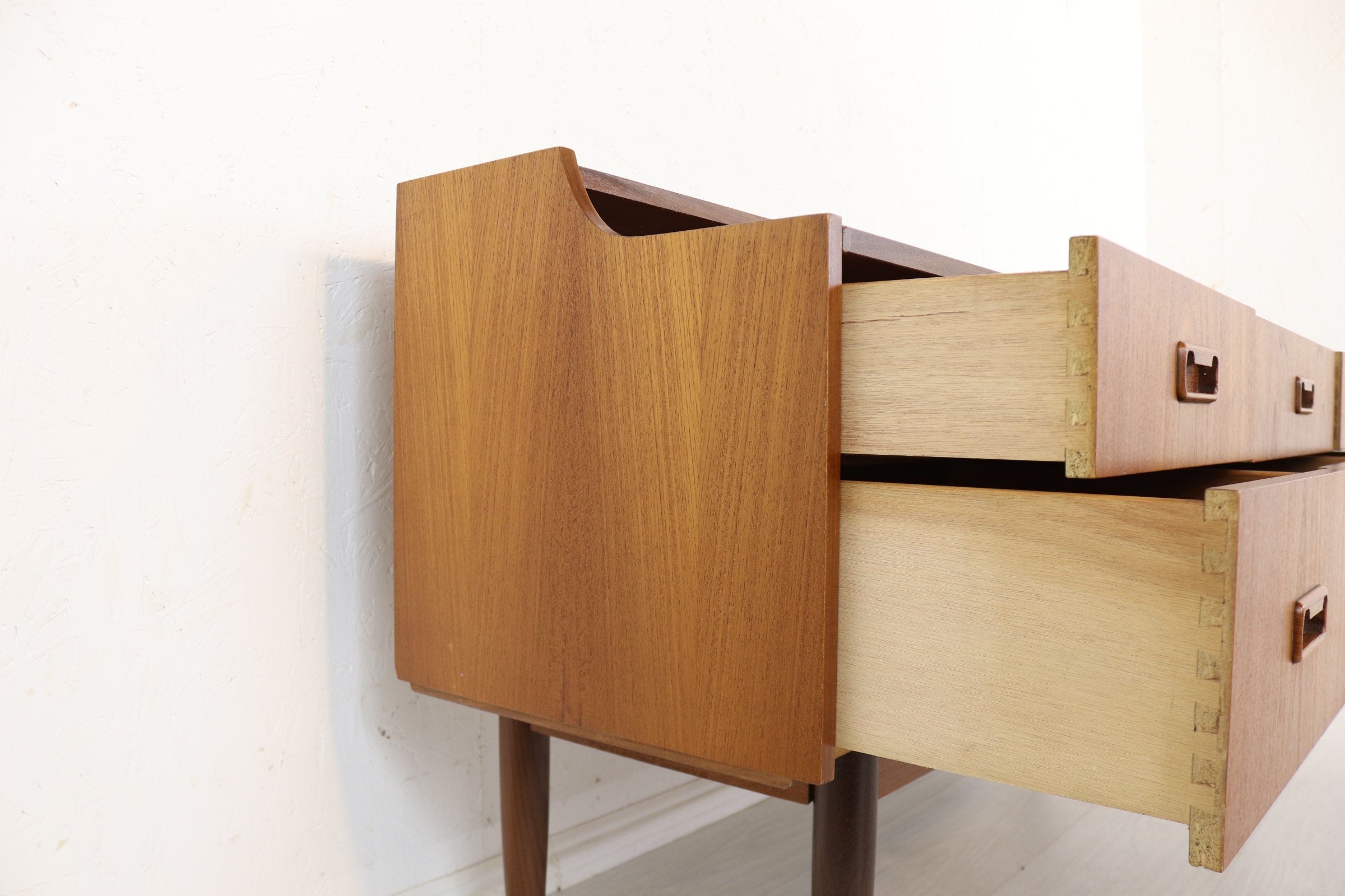Retro Mid Century Sideboard Compact Danish Style Teak Six Drawers Vintage Refinished Condition- Albro Furniture - teakyfinders