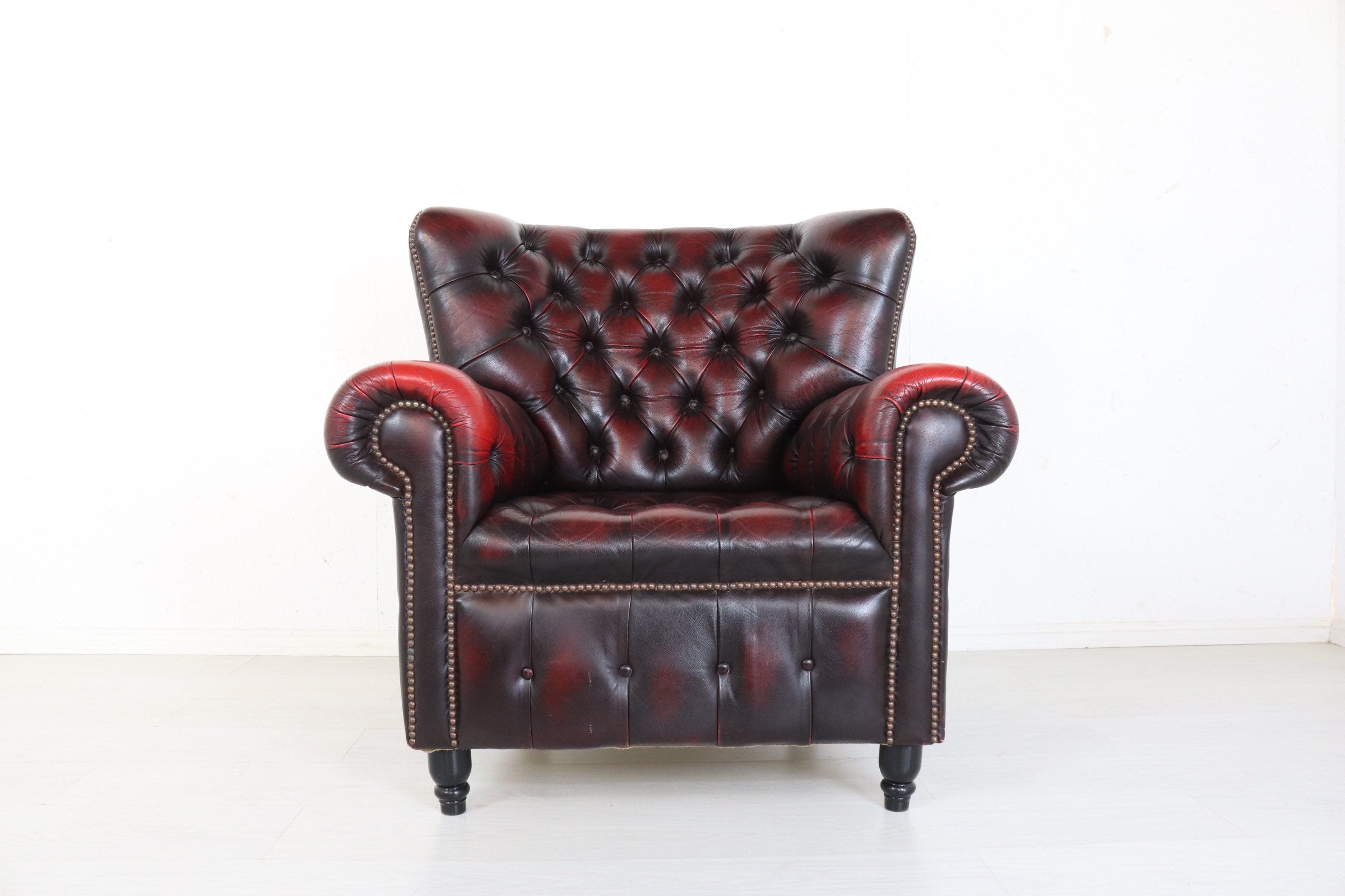 Wing Back Leather Chesterfield Armchair in Oxblood - teakyfinders