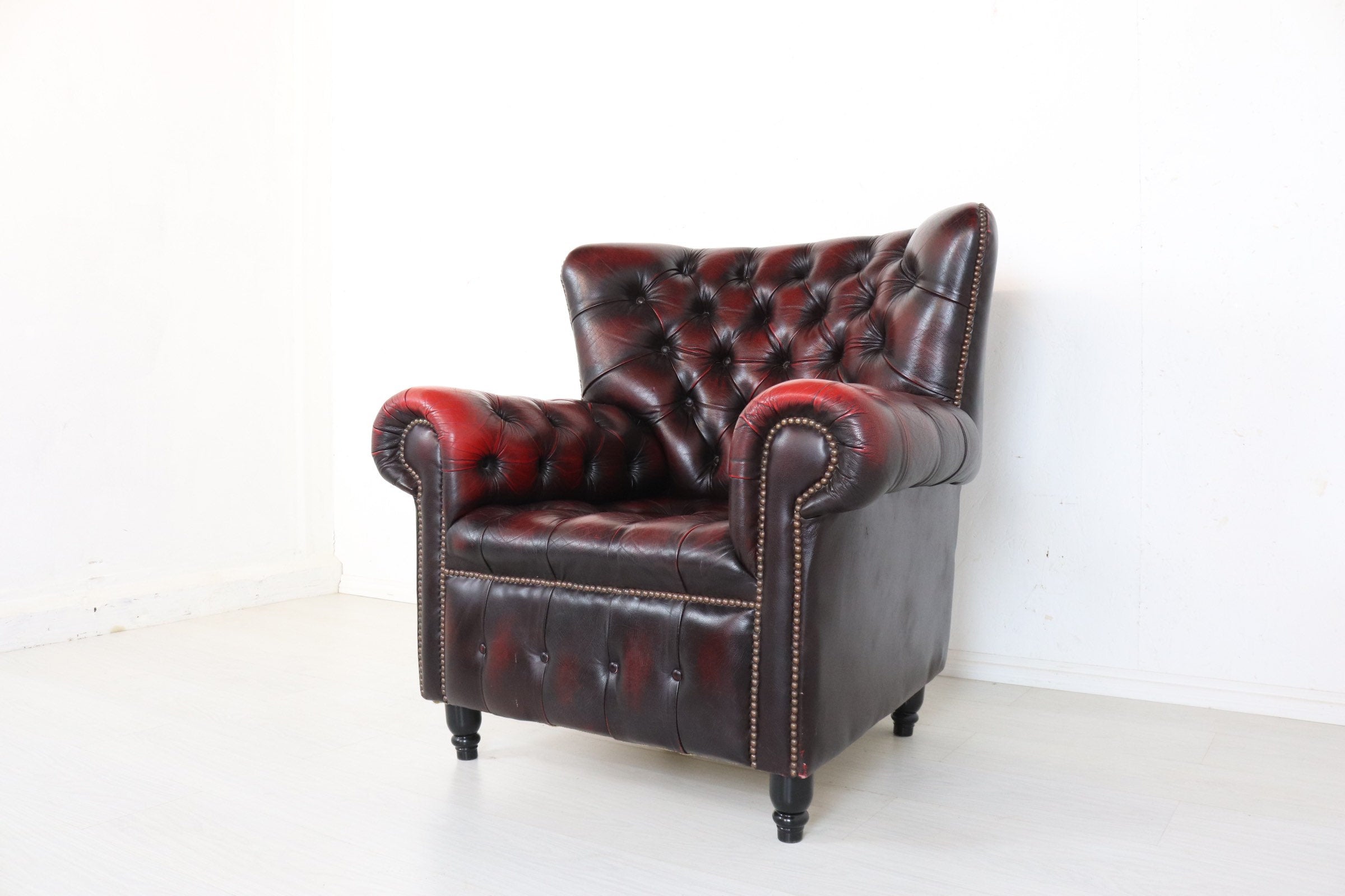 Wing Back Leather Chesterfield Armchair in Oxblood - teakyfinders