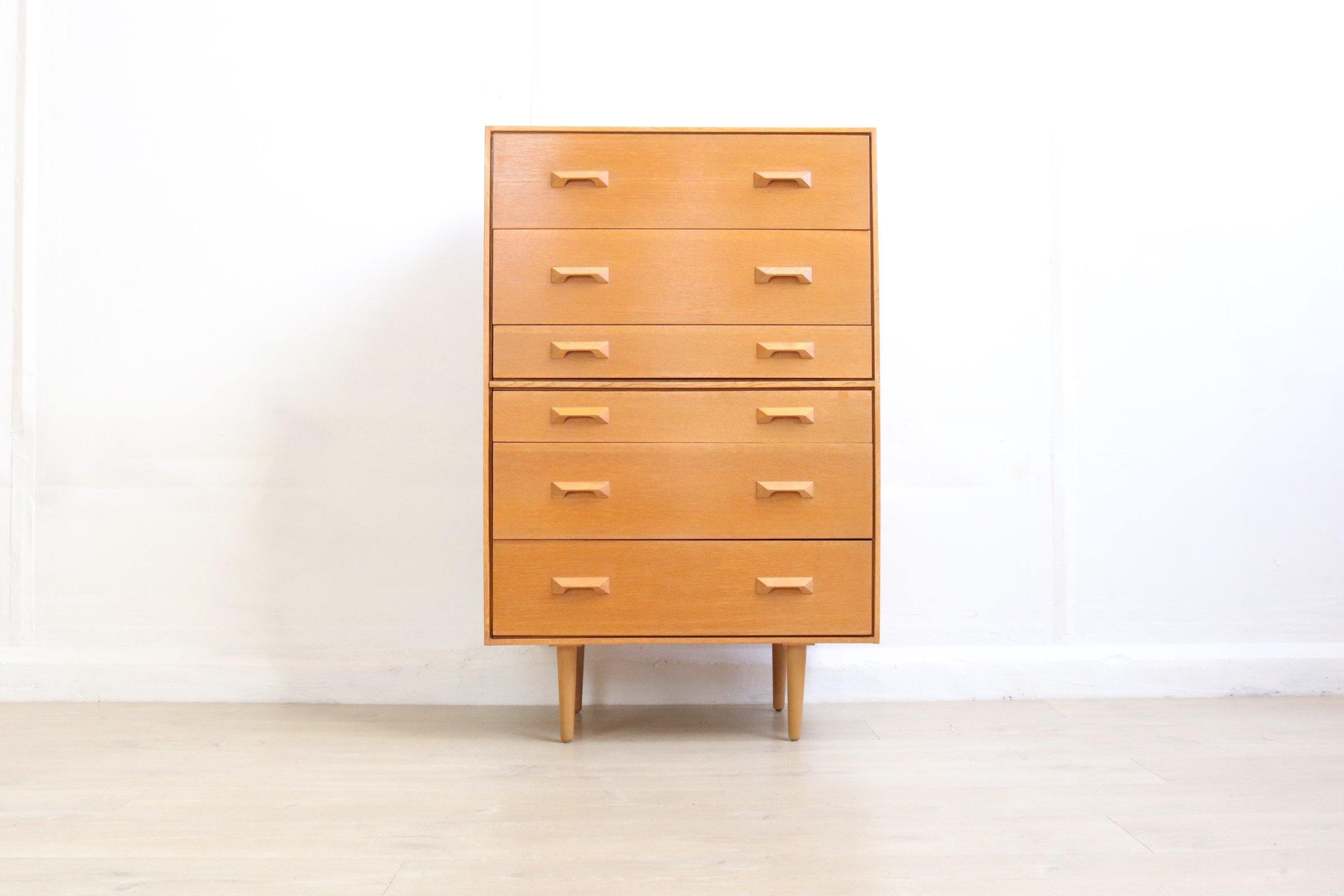 Mid Century Tall Stag Six Chest of Drawers Light Oak - teakyfinders
