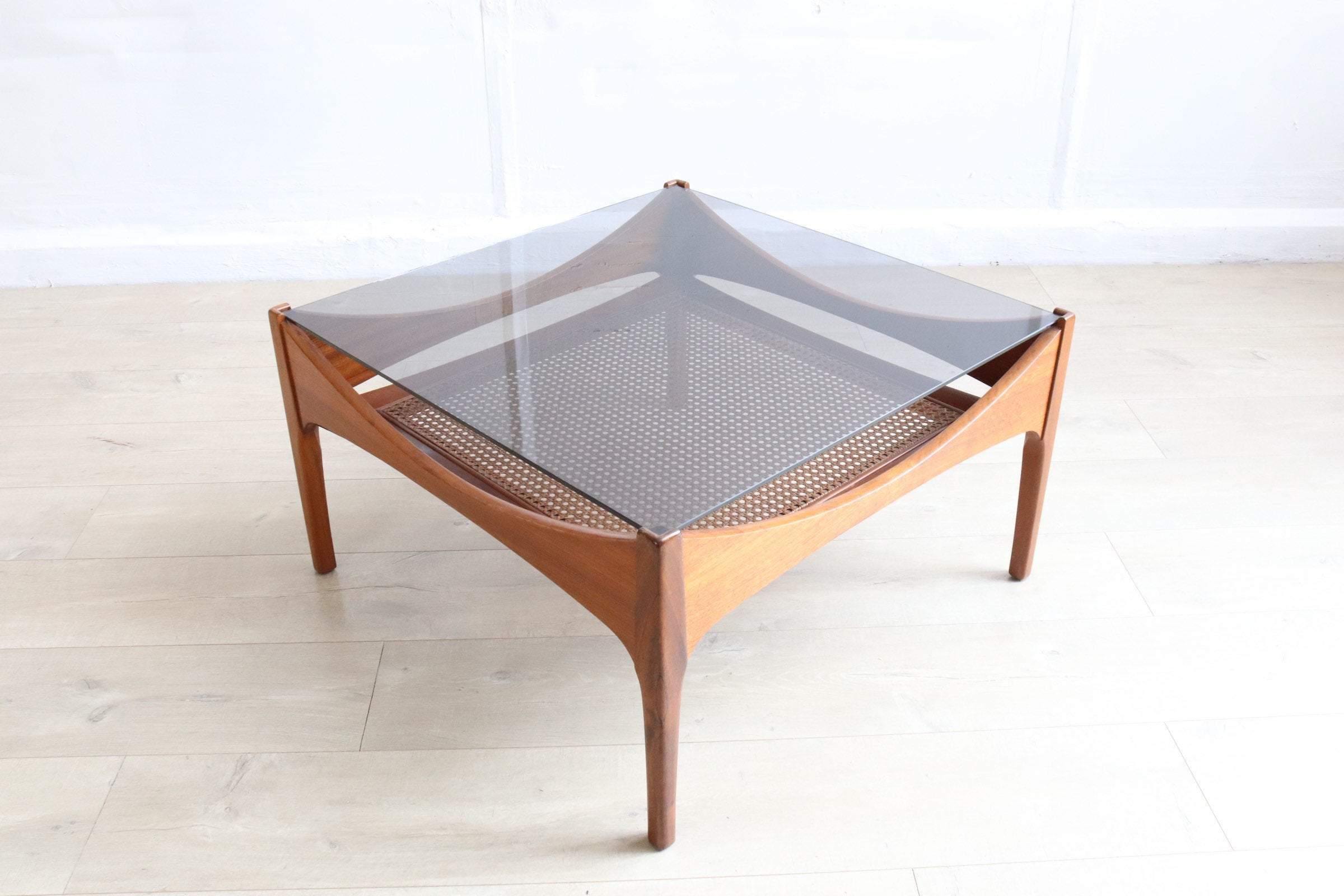 Retro Teak Coffee Table with Smoked Glass and Rattan Danish Astro Style - S Form Original Mid Century Living Room Furniture - teakyfinders