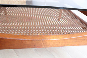 Retro Teak Coffee Table with Smoked Glass and Rattan Danish Astro Style - S Form Original Mid Century Living Room Furniture - teakyfinders