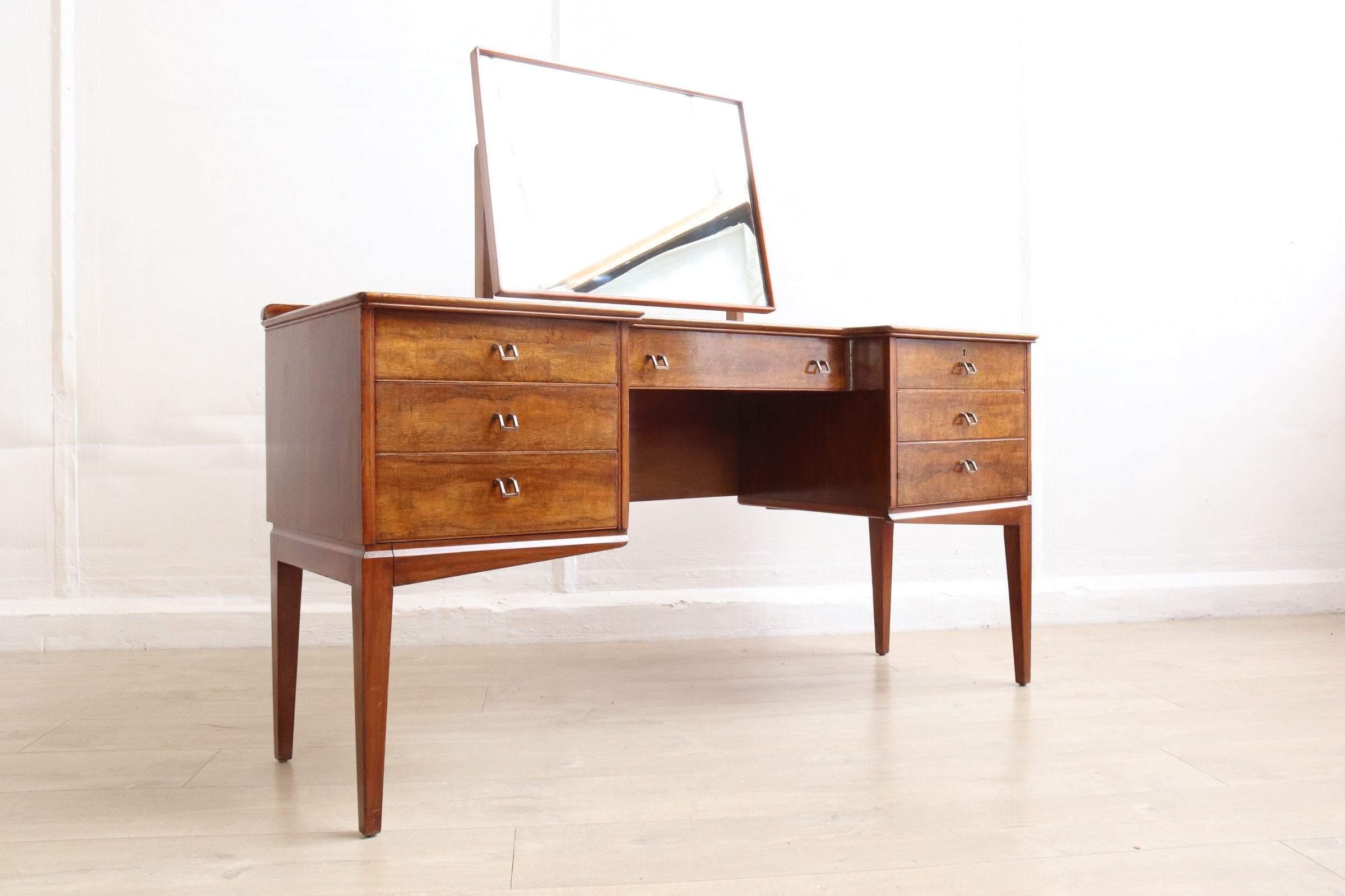 Mid Century Alfred Cox Walnut Dressing Table / Desk, 1950’s Vintage and Retro Storage Furniture, Stunning Quality - teakyfinders
