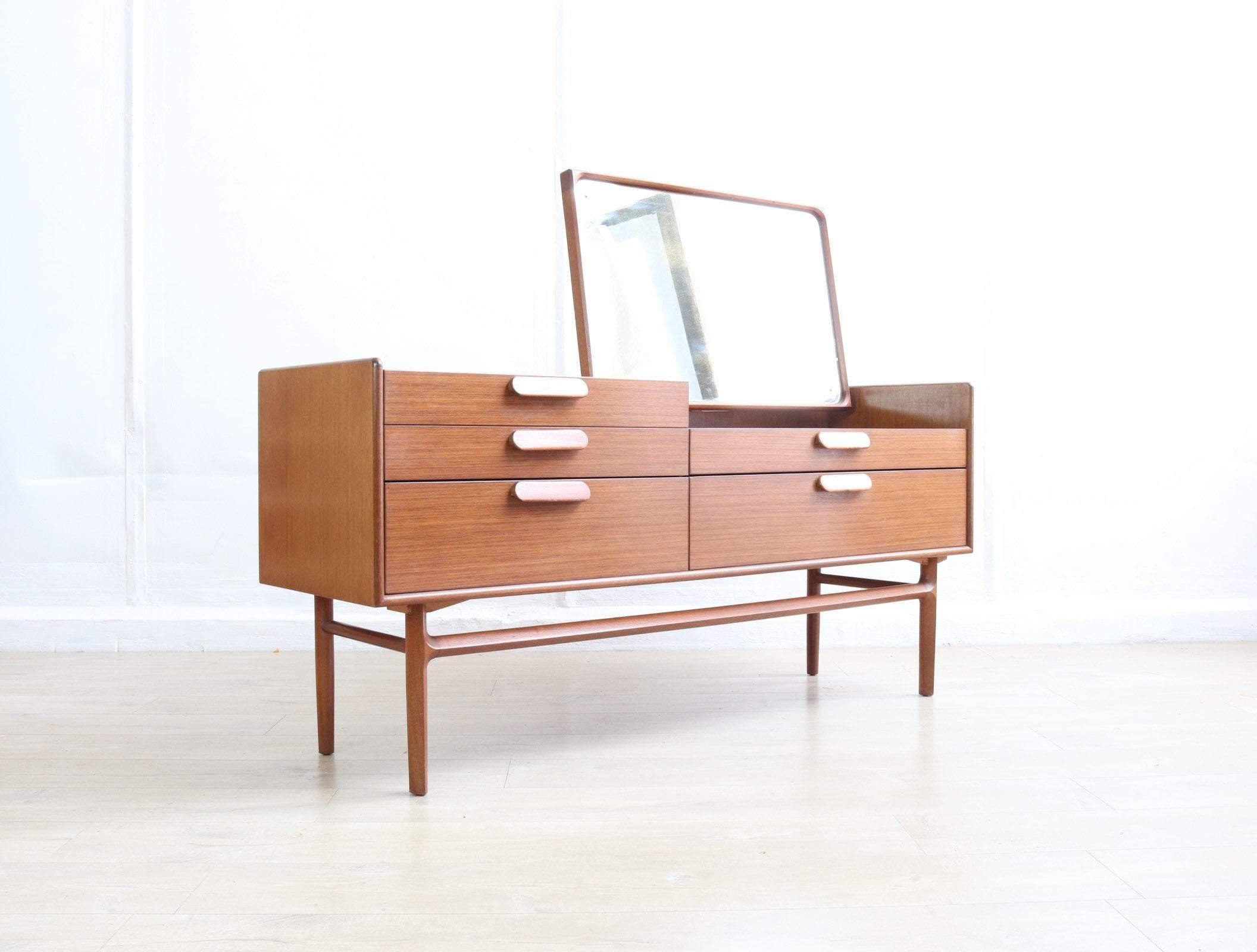 Mid Century Sideboard by Meredew, Rare Model, Dressing Table with Stunning Mirror, Retro Dark Teak Furniture 60s. - teakyfinders