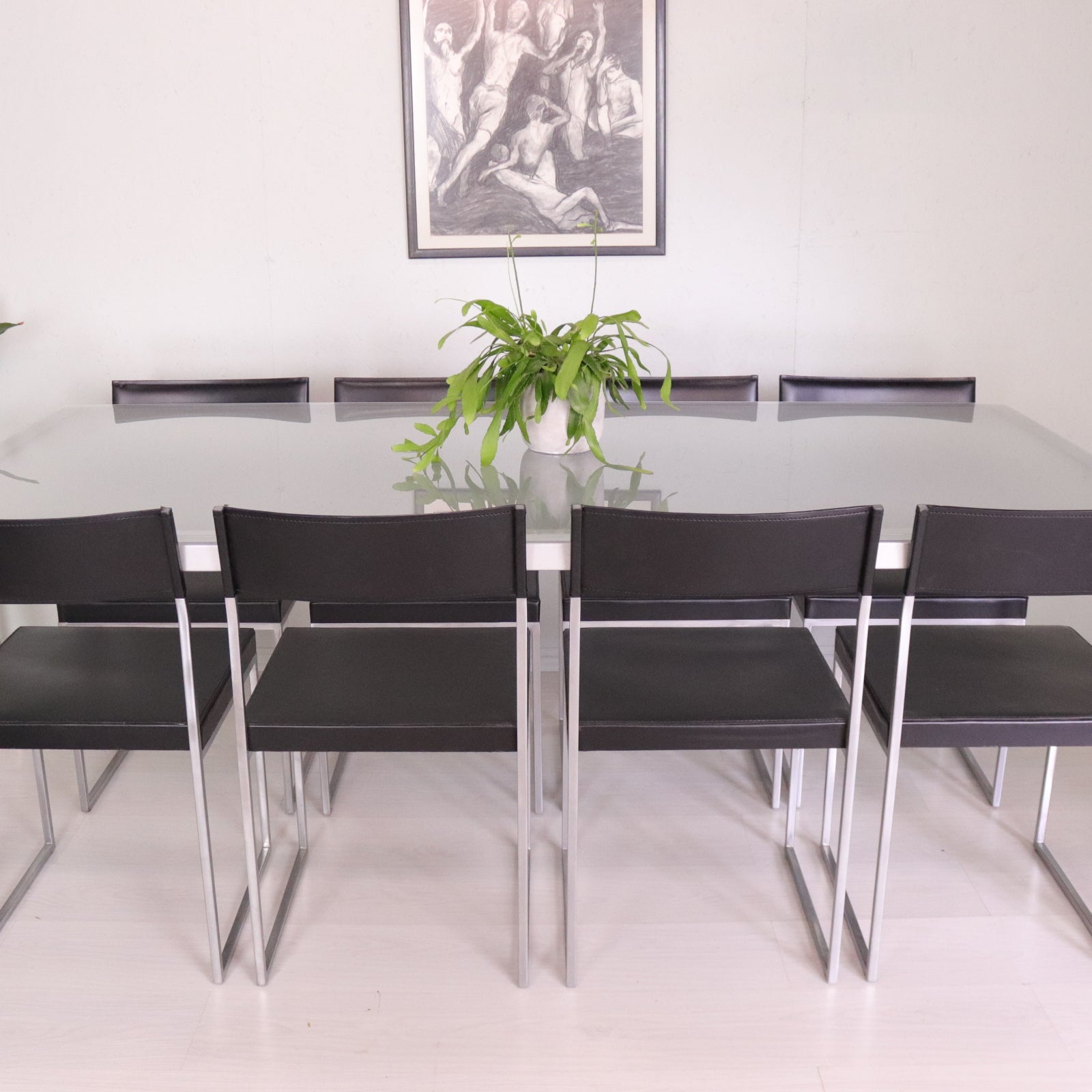 Large Swiss Metal and Glass Dining Table with Eight Chairs - teakyfinders