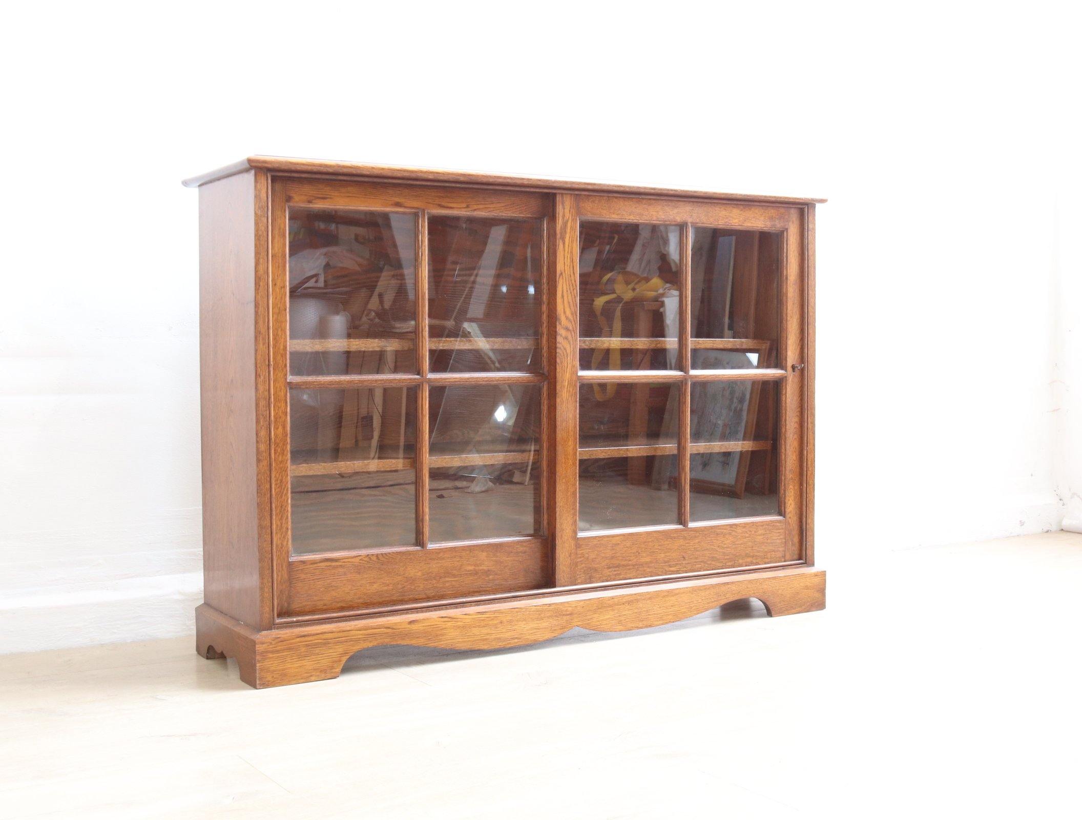 Vintage Antique Oak Low Level Bookcase - teakyfinders