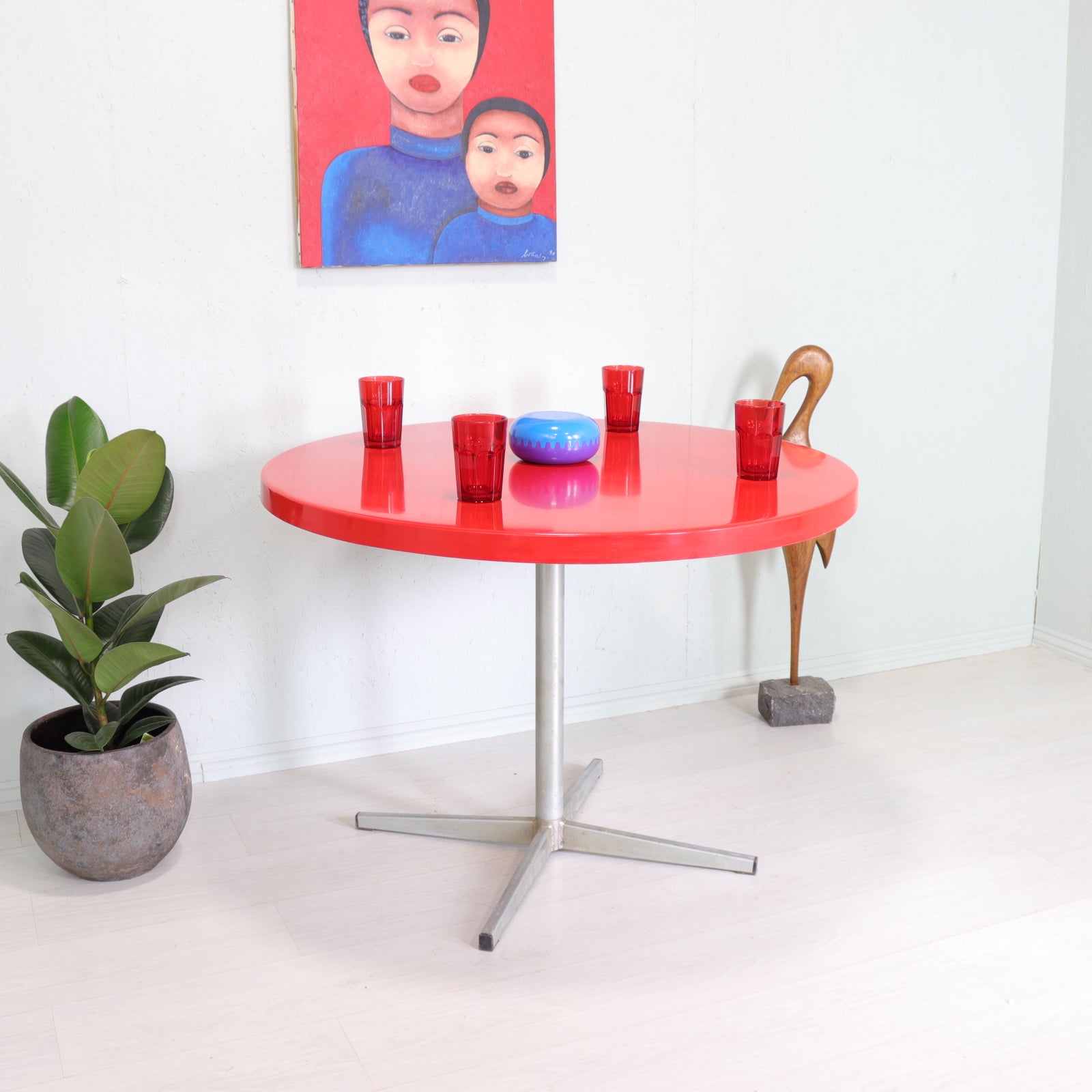 Red Fibreglass and Metal Flip Top Dining Table - teakyfinders