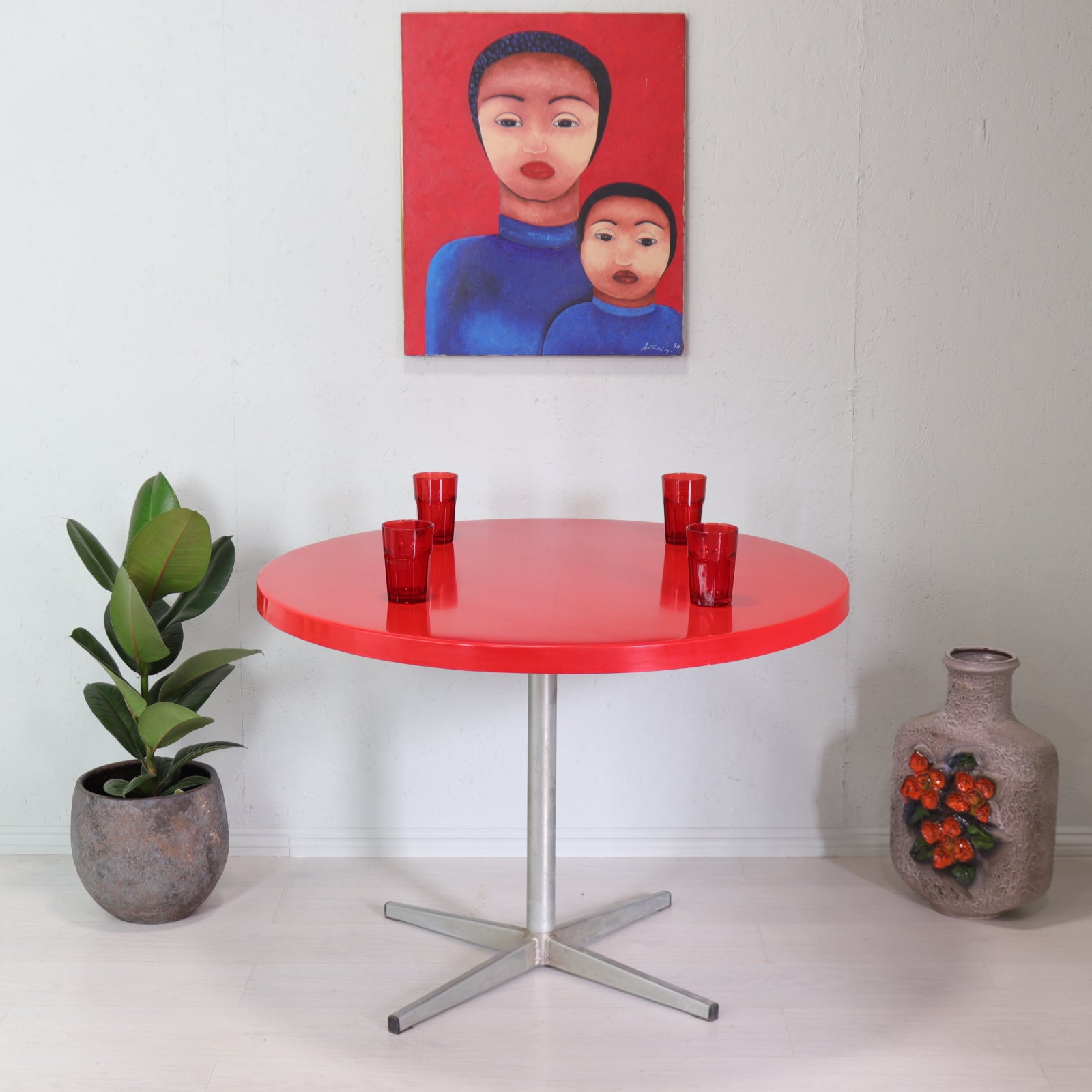 Red Fibreglass and Metal Flip Top Dining Table - teakyfinders