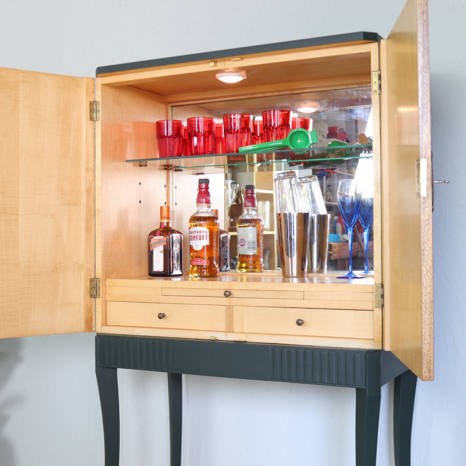 Painted Walnut and Dark Green Vintage Drinks Cabinet - teakyfinders