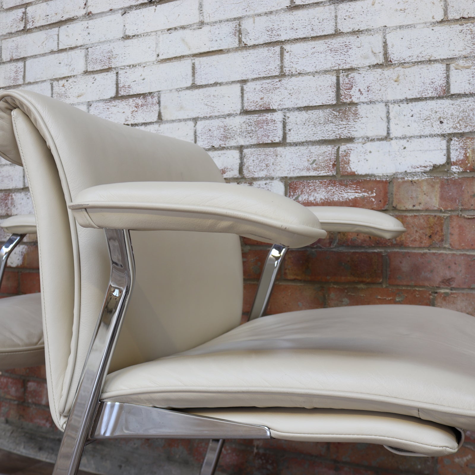Pair of Boss Design White Leather and Chrome Dining Chairs - teakyfinders