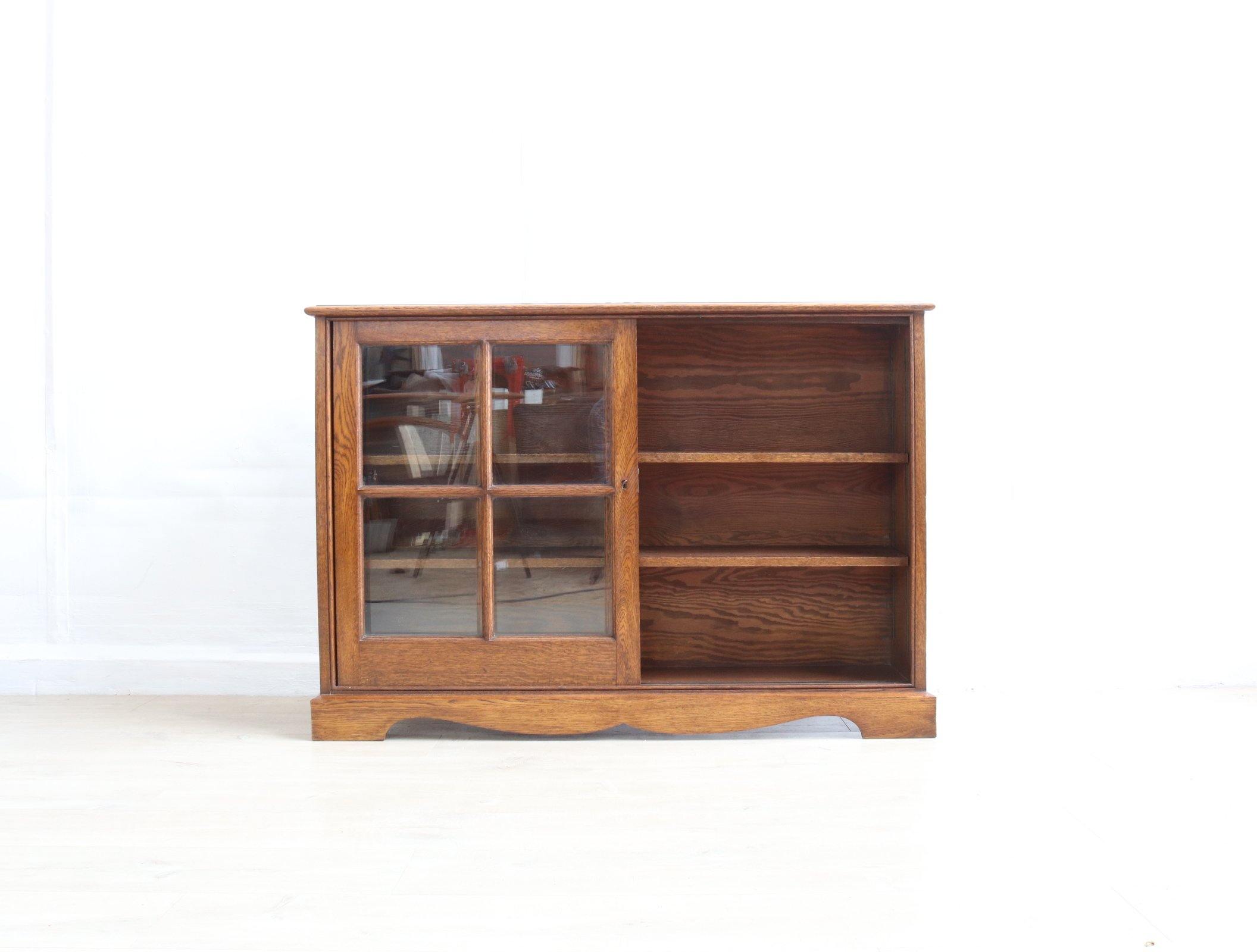 Vintage Antique Oak Low Level Bookcase - teakyfinders